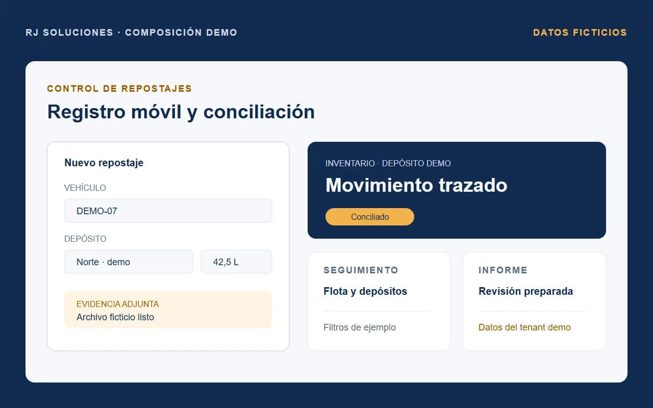 Panel demo de Control de Repostajes con un registro móvil, evidencia e inventario conciliado.