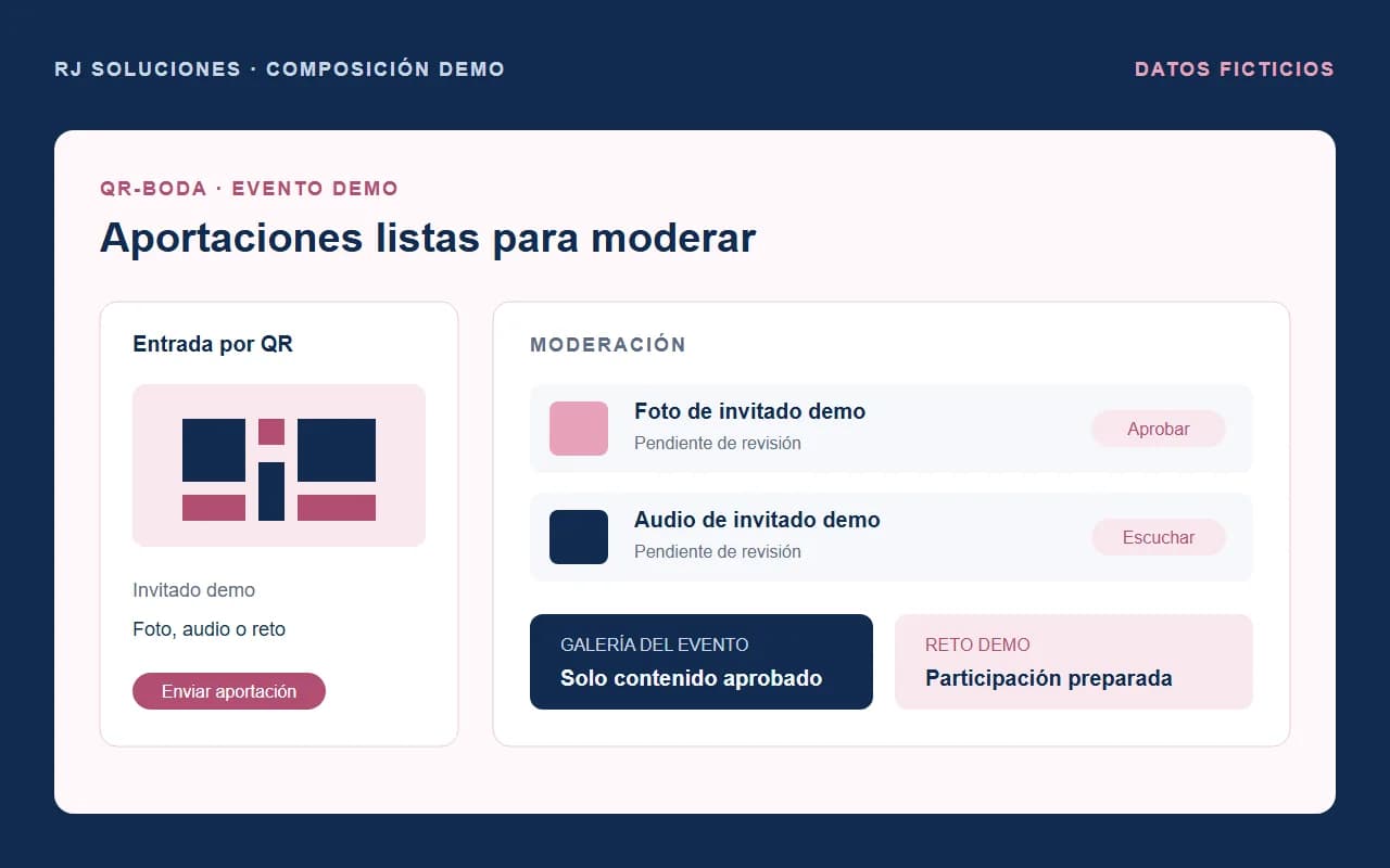 Panel demo de QR-Boda con fotos, audios y retos pendientes de moderación para una galería.